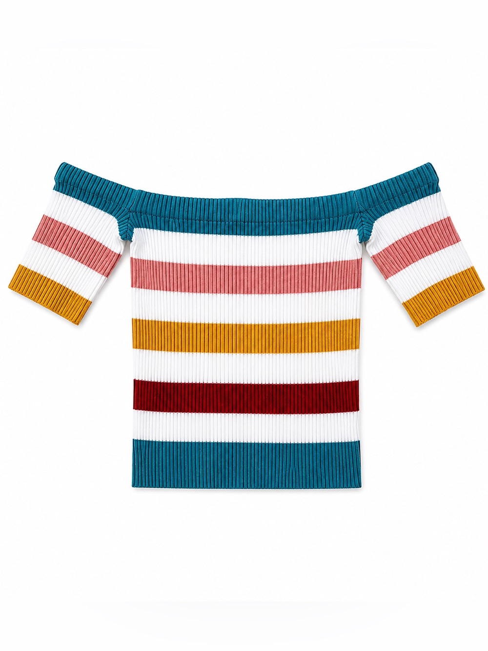 Striped Ribbed Off-Shoulder Knit Top • Short Sleeve Sweater • Multicolor